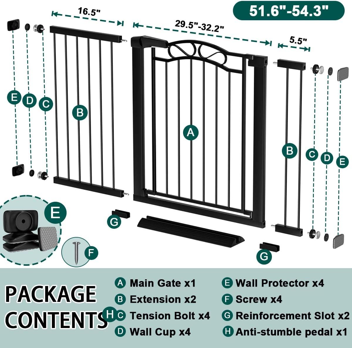 Fairy Baby 51.6'-54.3' Extra Wide Baby Gate with Door, 52 53 54 Inches Walk THR Baby Gates for Stairs Pressure Mounted no Drill, Indoor Tension Metal Child Pet Dog Safety Gate for Kids, Black