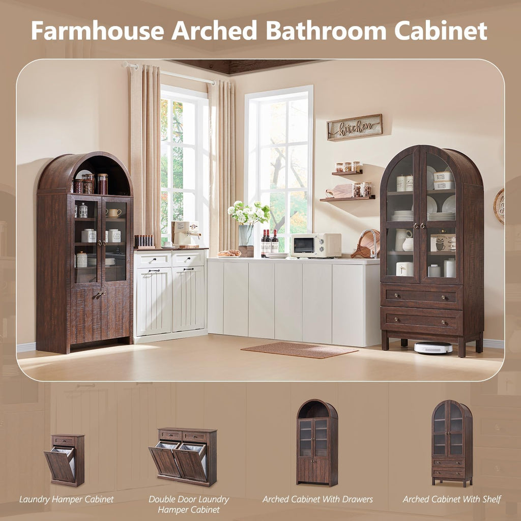 71' Tall Arched Bathroom Storage Cabinet, 4-Tier cabinet w/2 Large Drawers &Adjustable Shelves, Wooden bathroom Floor cabinets w/Glass Doors, Modern Farmhouse Versatile Cabinets for bathroom, Brown