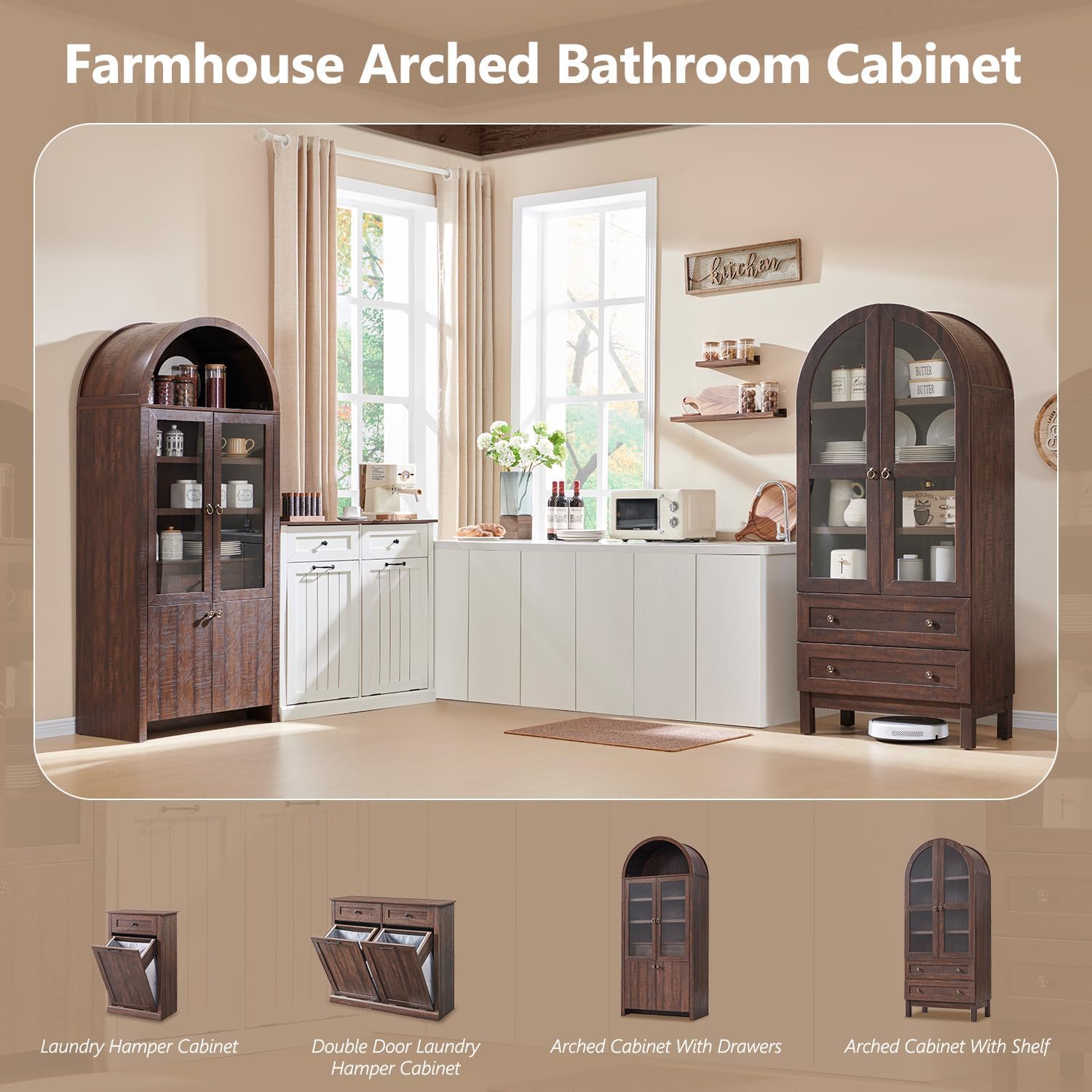 71' Tall Arched Bathroom Storage Cabinet, 4-Tier cabinet w/2 Large Drawers &Adjustable Shelves, Wooden bathroom Floor cabinets w/Glass Doors, Modern Farmhouse Versatile Cabinets for bathroom, Brown