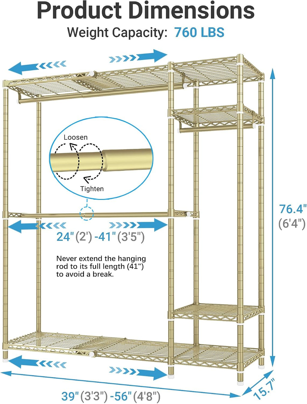 VIPEK X20 Expandable Metal Clothing Rack Adjustable from 3'3' to 4'8' Heavy Duty Garment Racks With Shelves and Hanger Rods Portable Wardrobe Open Closet System, Gold