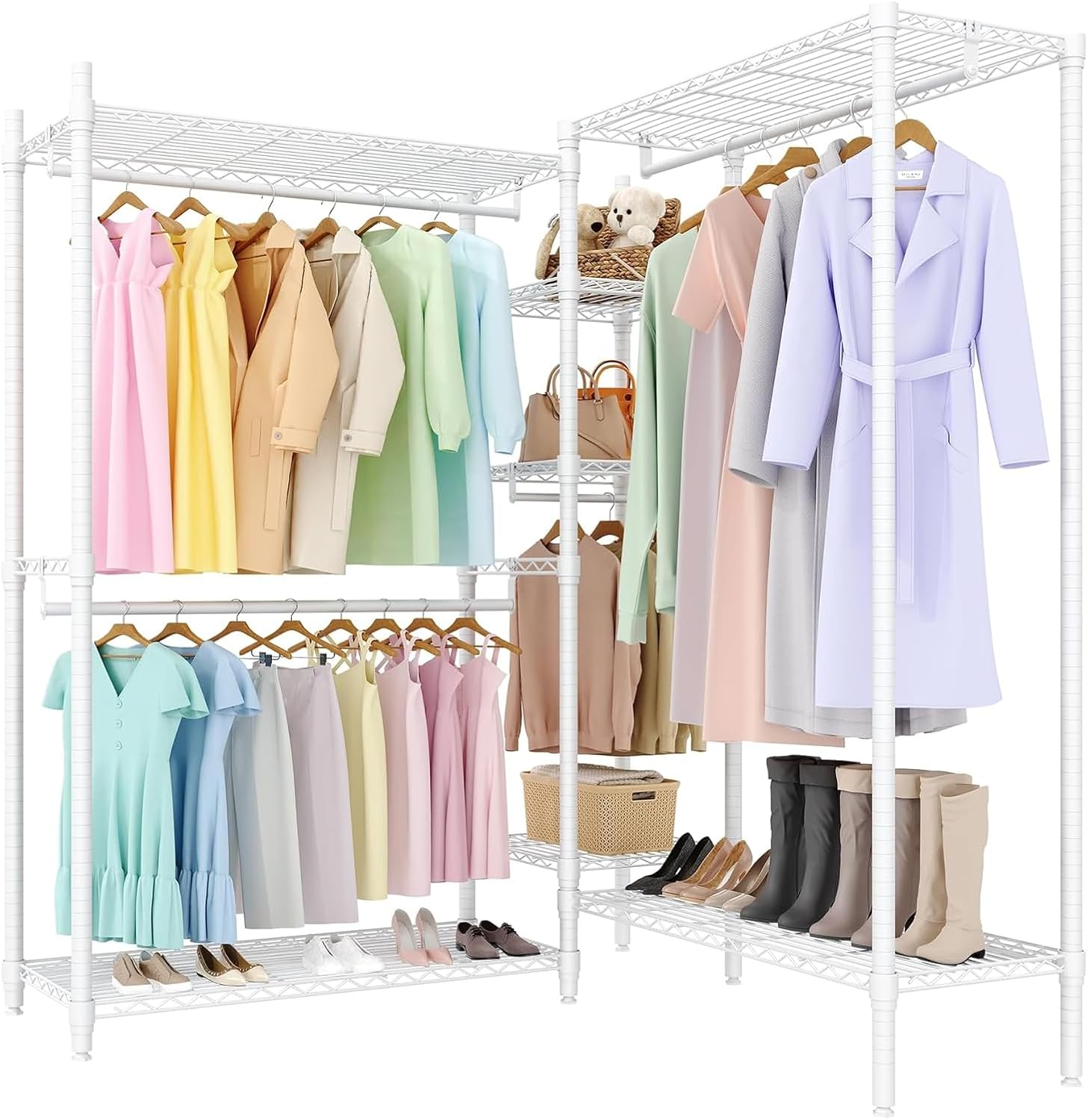 Heavy Duty L-Shaped Freestanding Clothes Rack - Portable Metal Wardrobe Organizer - 4 Hanging Rods & 7 Adjustable Shelves - 1870 lbs Capacity - Corner Closet Storage for Bedroom, Cloakroom -