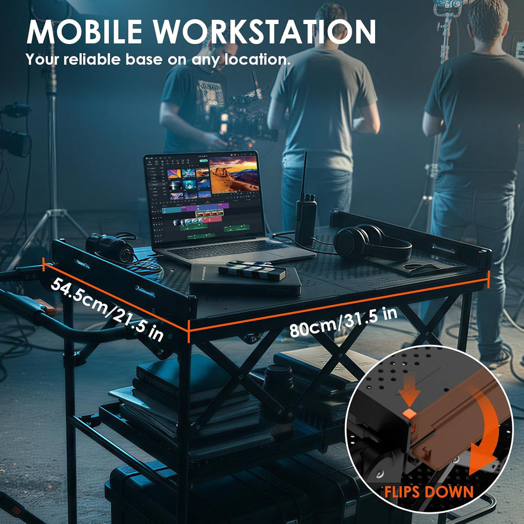 TARION Video Production Camera Cart - Foldable Photography Dolly with Inflatable Rubber Wheels and Wider Top Shelf - Heavy Duty Mobile Workstation with Storage Bins for Film Crew - Titanrig Cart Pro