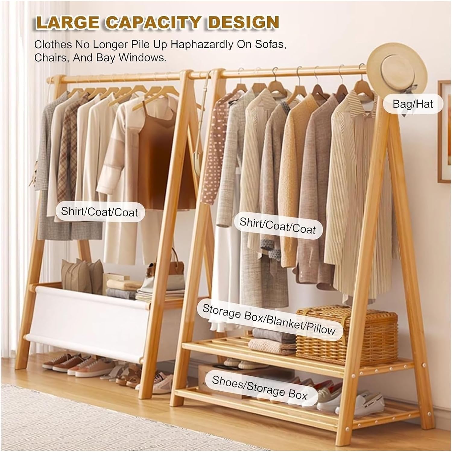 Garment Rack,Clothes Rack, Foldable Clothing Garment Rack, Wooden Clothes Hanging Rack,Living Bedroom Office Storage Shelves,For Hanging Clothes(Yellow-A,118cm)