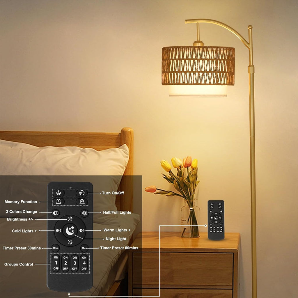 Gold Floor Lamps for Living Room with Remote Dimmable LED Bulb, Arc Floor Lamp with 3 Color Temperatures, Boho Standing Lamp with Rattan Fabric Shades, Adjustable Tall Lamp for Bedroom
