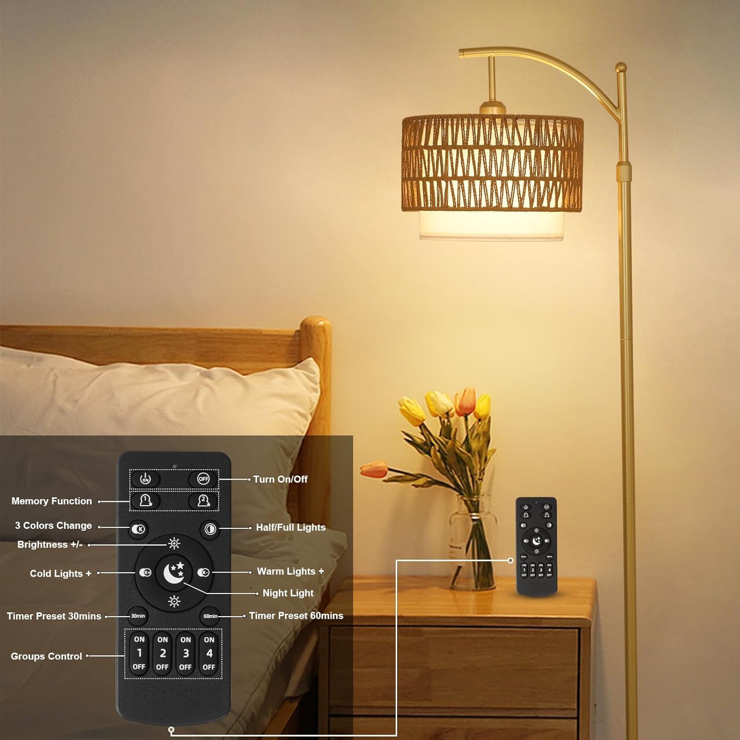 Gold Floor Lamps for Living Room with Remote Dimmable LED Bulb, Arc Floor Lamp with 3 Color Temperatures, Boho Standing Lamp with Rattan Fabric Shades, Adjustable Tall Lamp for Bedroom