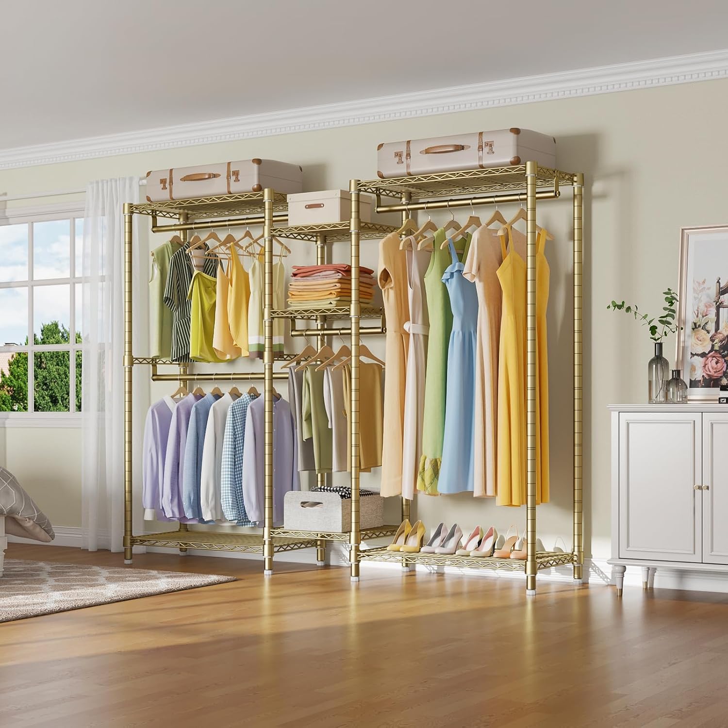 VIPEK Classic V6 Wire Garment Rack Heavy Duty Clothes Rack with 7 Adjustable Shelves & 4 Hanging Rods, Compact DIY Metal Clothing Racks 68.9' L x 15.7' W x 76.4' H, Max Load 840LBS, Gold
