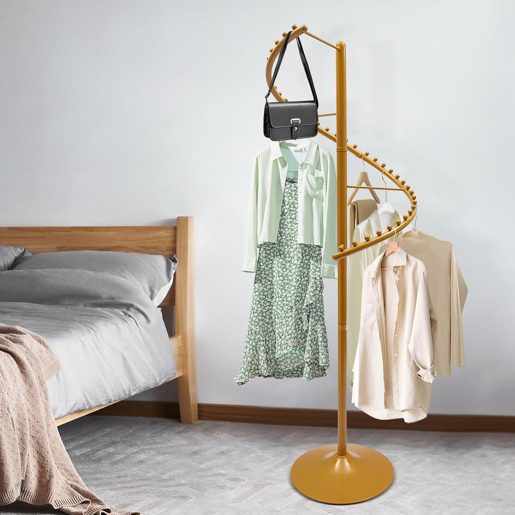 Rotating Clothing Rack 360° Spiral Clothing Rack Floor Standing Spiral Rotating Garment Racks Retail Clothes Display Stand for Bedrooms, Laundry Rooms, Retail Stores (5.91ft, Gold)