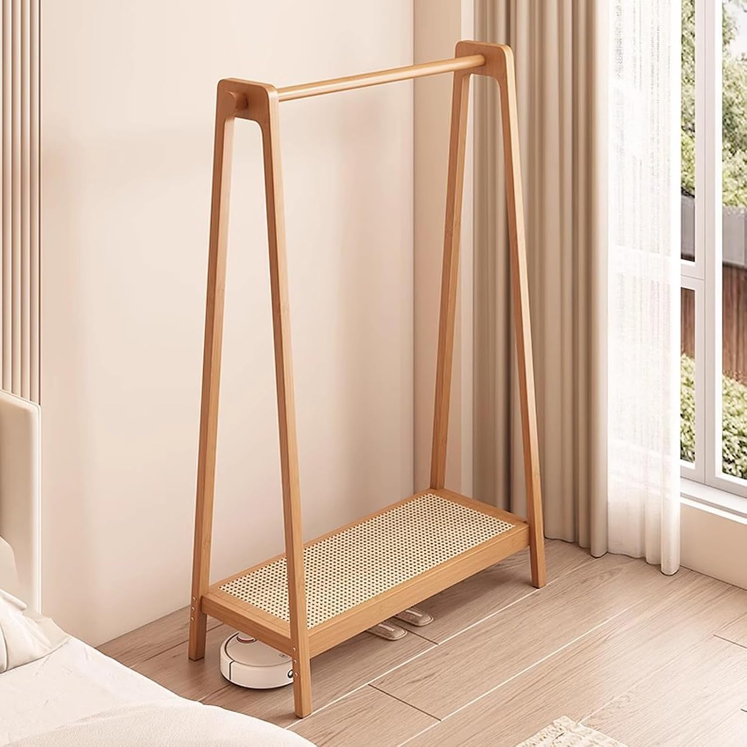 Bamboo Clothing Rack - Freestanding Garment Rack with Shelves & 2 Hooks, Large Capacity Coat Rack for Bedrooms, Easy Assembly, Stylish Wood Color (75x36x154CM)