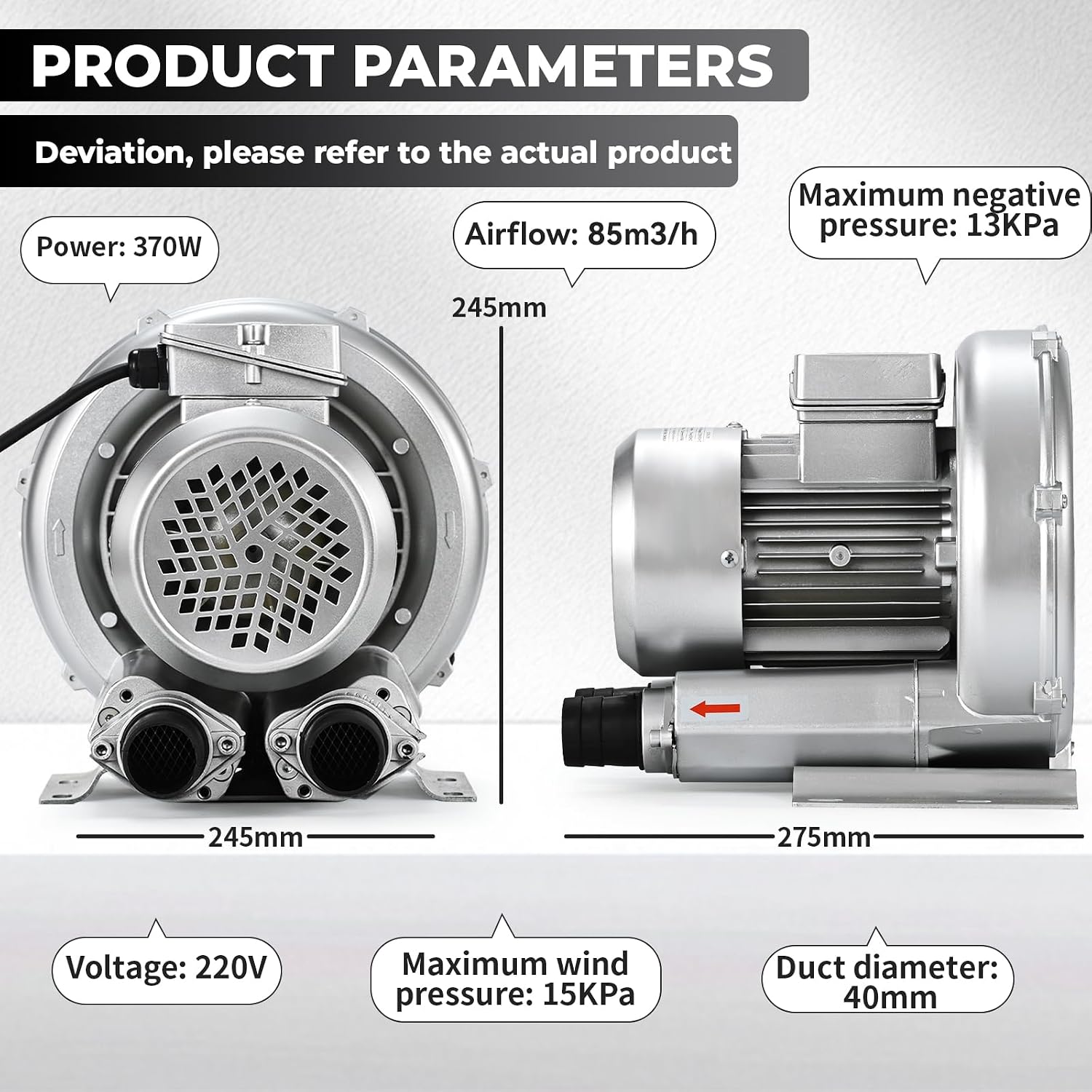 1HP Regenerative Blower, 85CFM 110V 60Hz Single Phase, High-Pressure Vortex Ring Blower, Industrial Vacuum Pump for Air Blowing Or Suction for Sewage Aeration Aquarium Fish Pond, Silver