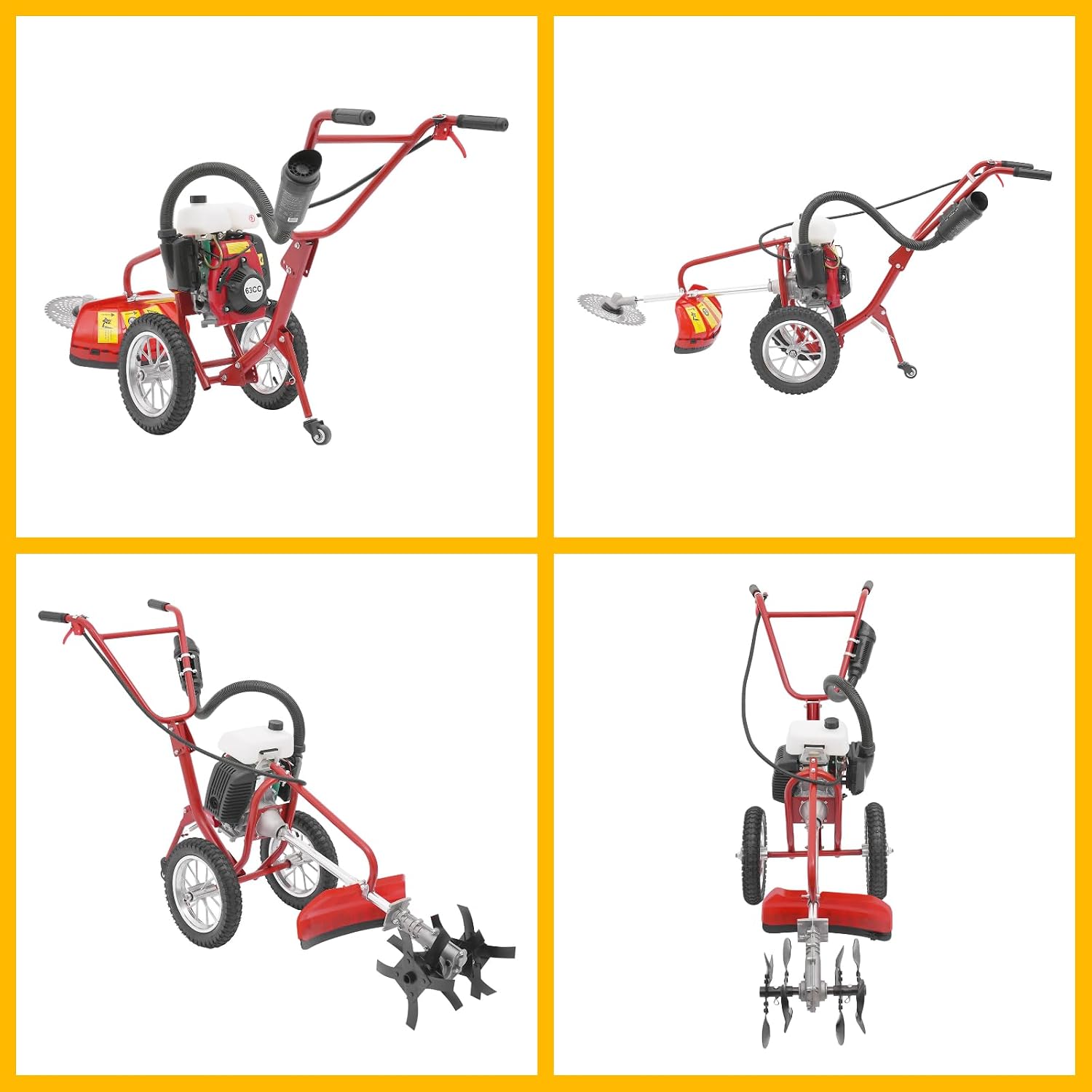 Mini Cultivator, 63CC 4-Stroke Gasoline 3-in-1 Handheld Micro Tiller, 4HP Powerful Soil Loosening Machine, Versatile Gardening Machine for Plowing, Tilling, Furrowing, Weeding, 57.09*17.32*27.56in