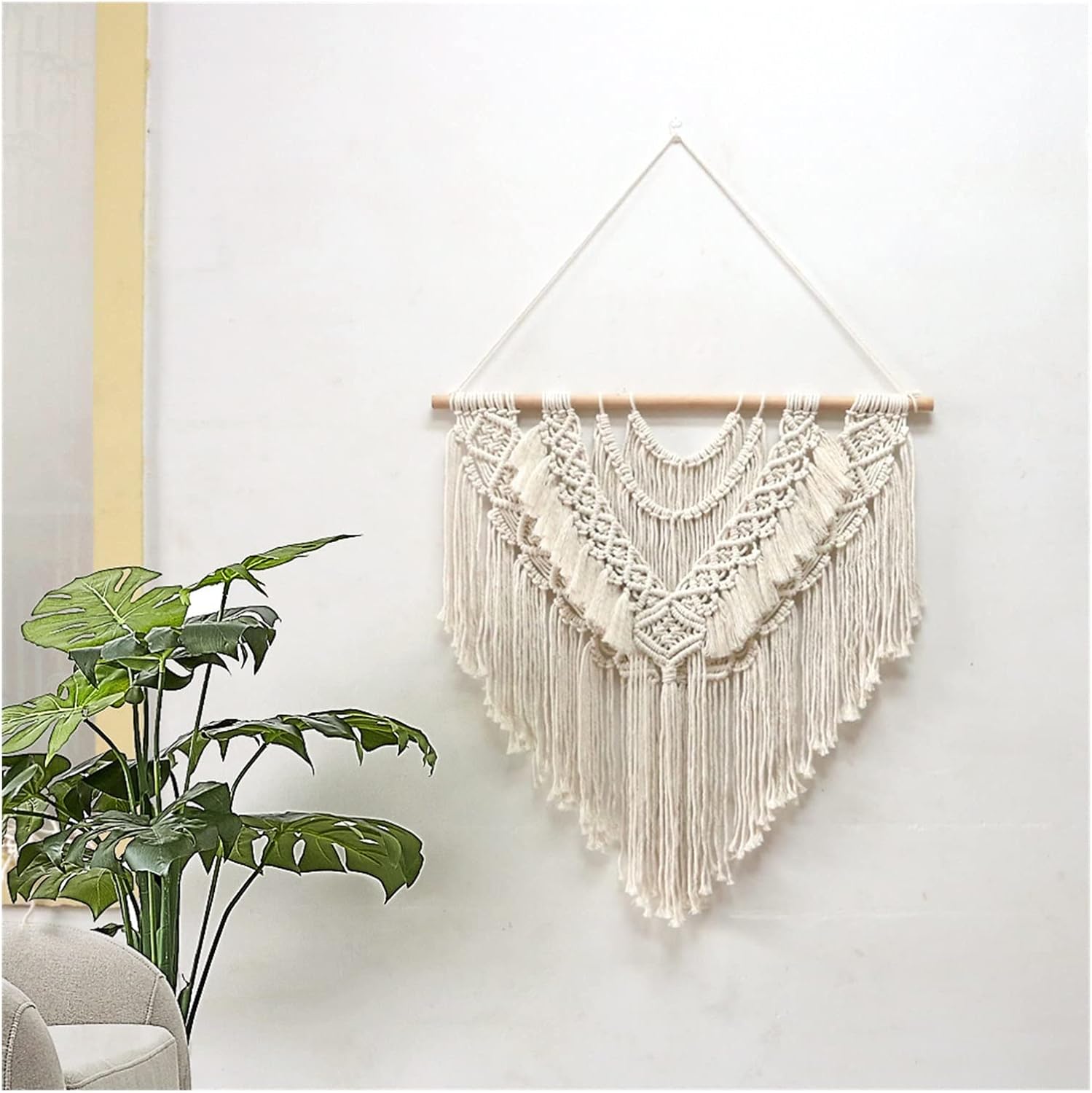 Tapestry Macrame Wall Hanging Bohemian Cotton Weave Artwork Tassel Tapestry Used for Bedroom Living Room Decoration (Beige 70x75cm)