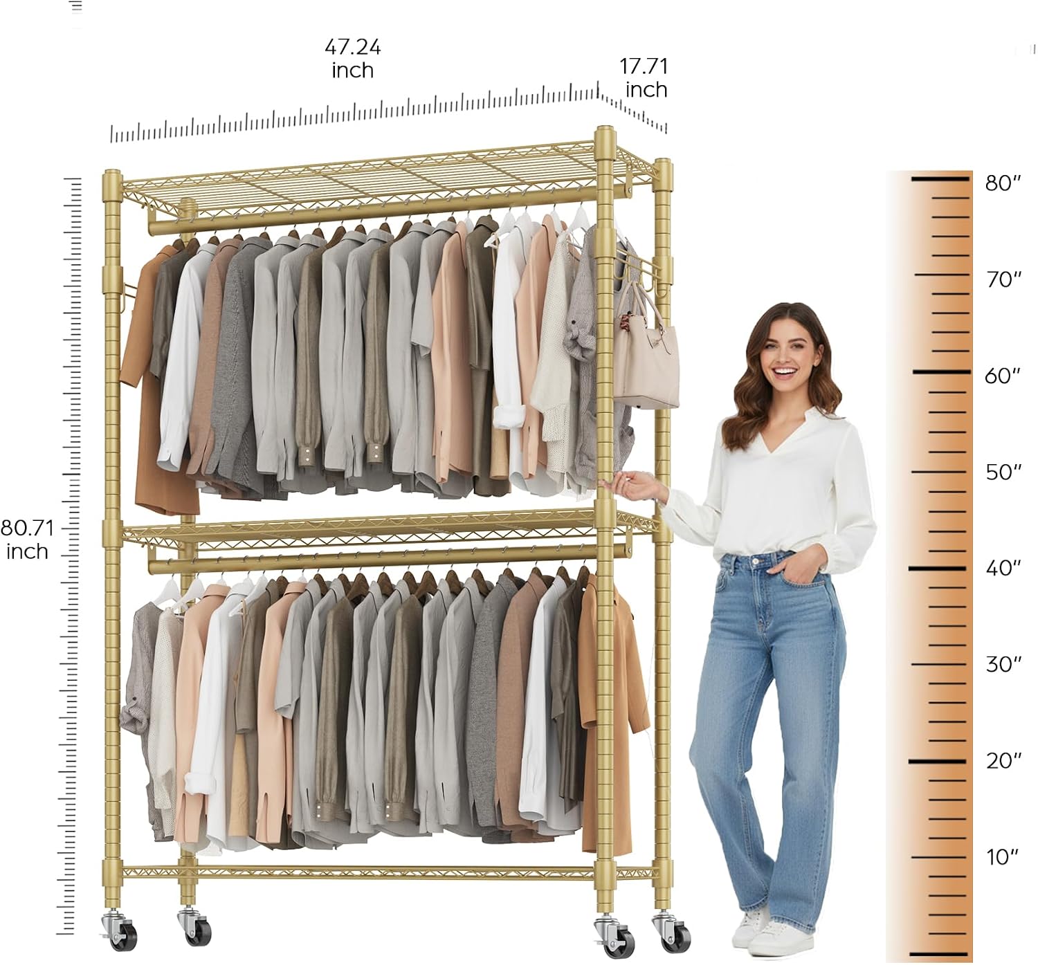 BATHWA Heavy Duty Rolling Garment Racks, 25mm Metal Pipe, 47.3'W x 17.7'D x 80.7'H Large Tall Portable Wardrobe Closet with 2 Rods, Wide Adjustable Shelves and Hangers, Clothing Hanging Storage, Gold