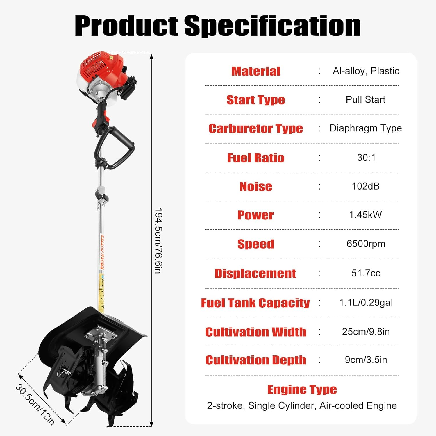 51.7CC 2-Stroke Mini Gasoline Power Tiller, Handheld Garden Gas Rototiller, 1.45KW 9.8-Inch Tillage Width Tiller, for Garden, Lawn, Soil, Digging, Seeding Lawn
