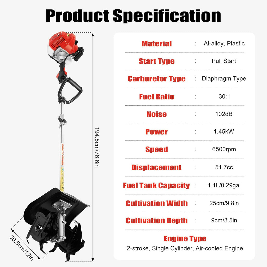 PanDair 42.7CC 2-Stroke Gas Mini Tiller Cultivator Hand Pull Garden Yard Tilling Tool for Garden & Lawn, Digging, Weed Removal & Soil Cultivation