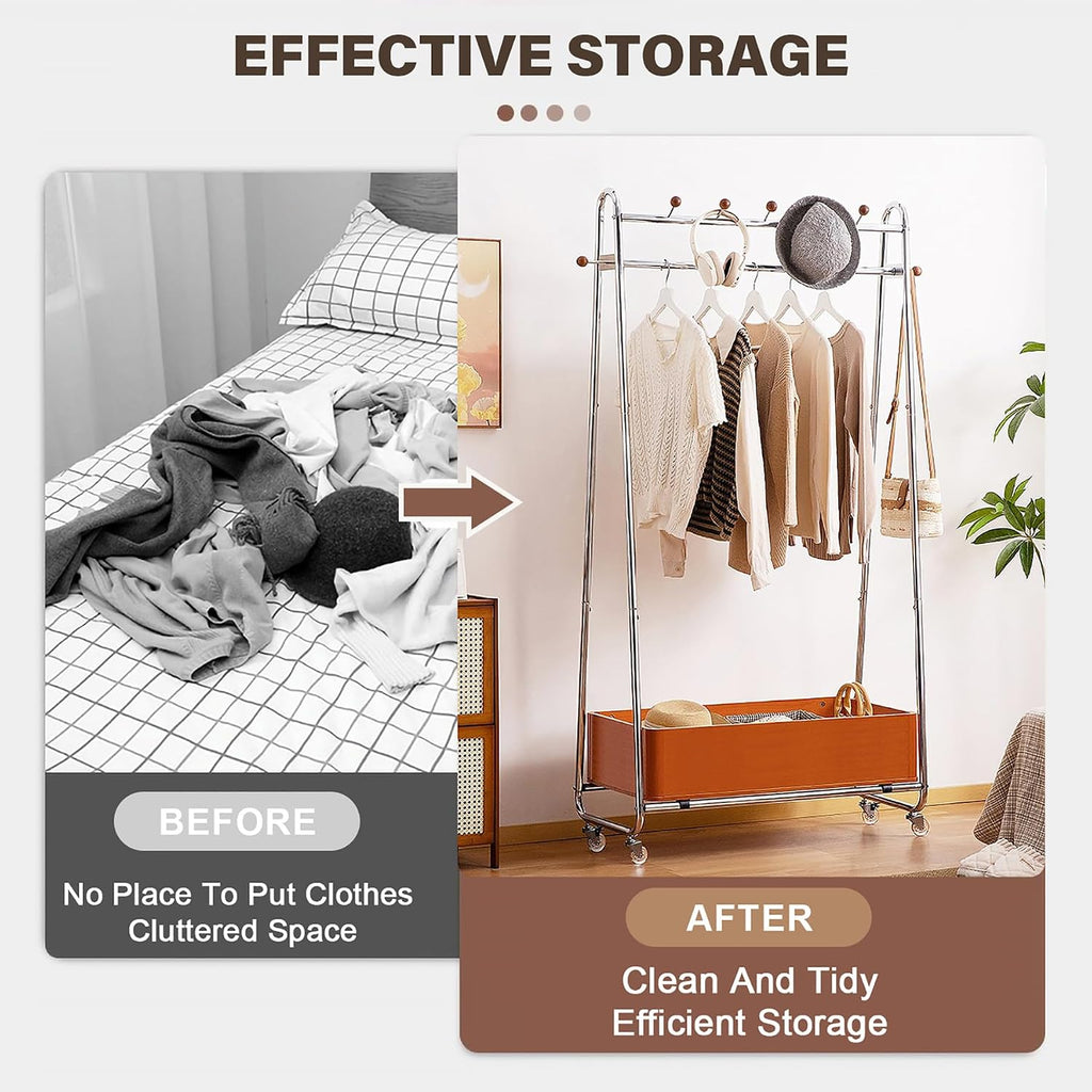 32in Modern Minimalist Coat Rack Stand Metal Garment Rack Features Solid Wood Storage Basket And 4 Wheels Floor Standing Clothes Rack Organizer For Bedrooms, Living Rooms,Walnut finish,32.3in