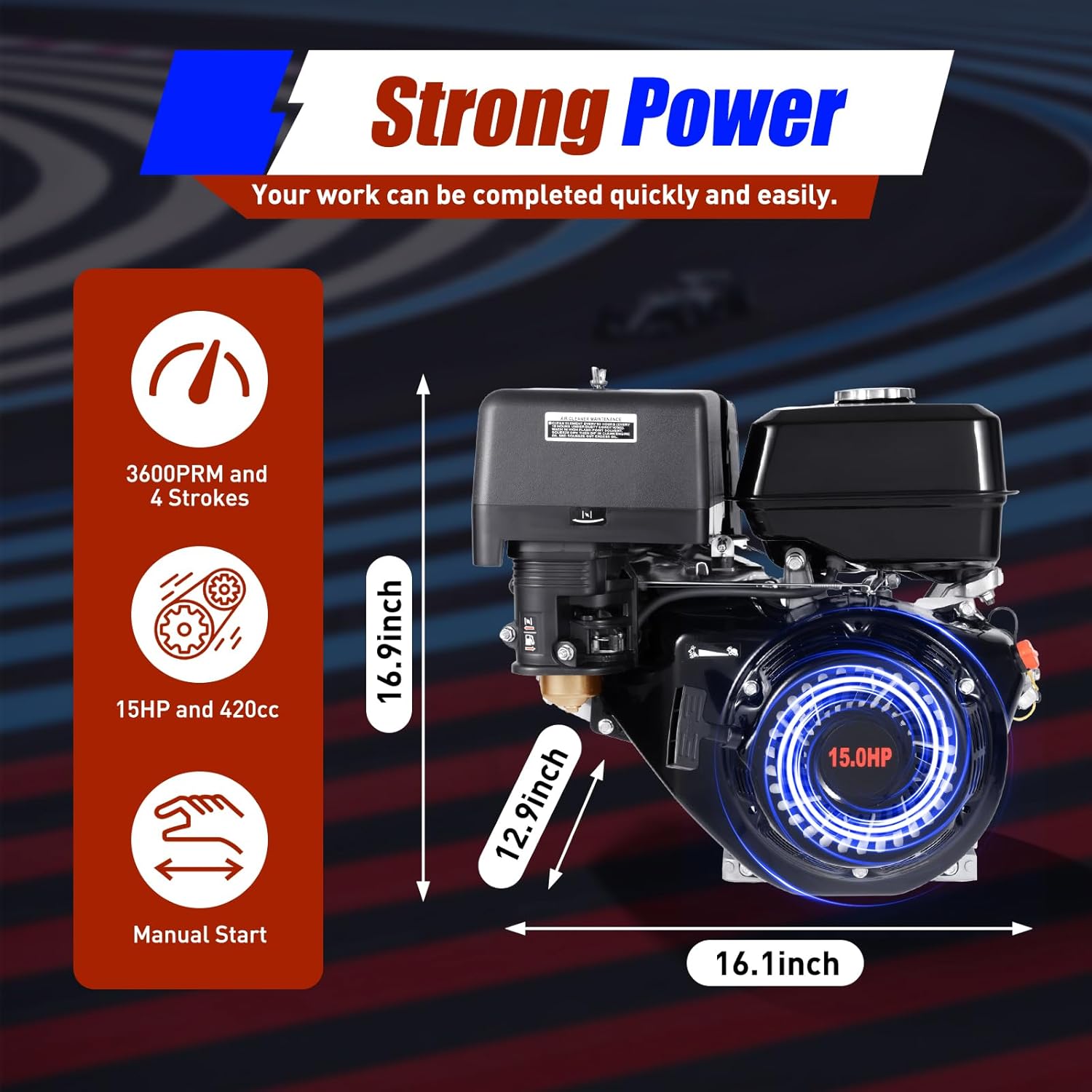 Gas Engine Motor 15HP 4 Stroke OHV Single Cylinder Horizontal Gasoline Petrol Engine Go Kart Motor Manual Recoil Starter 9.7KW 3600RPM Air Cooling Garden Tiller Cultivator Motor