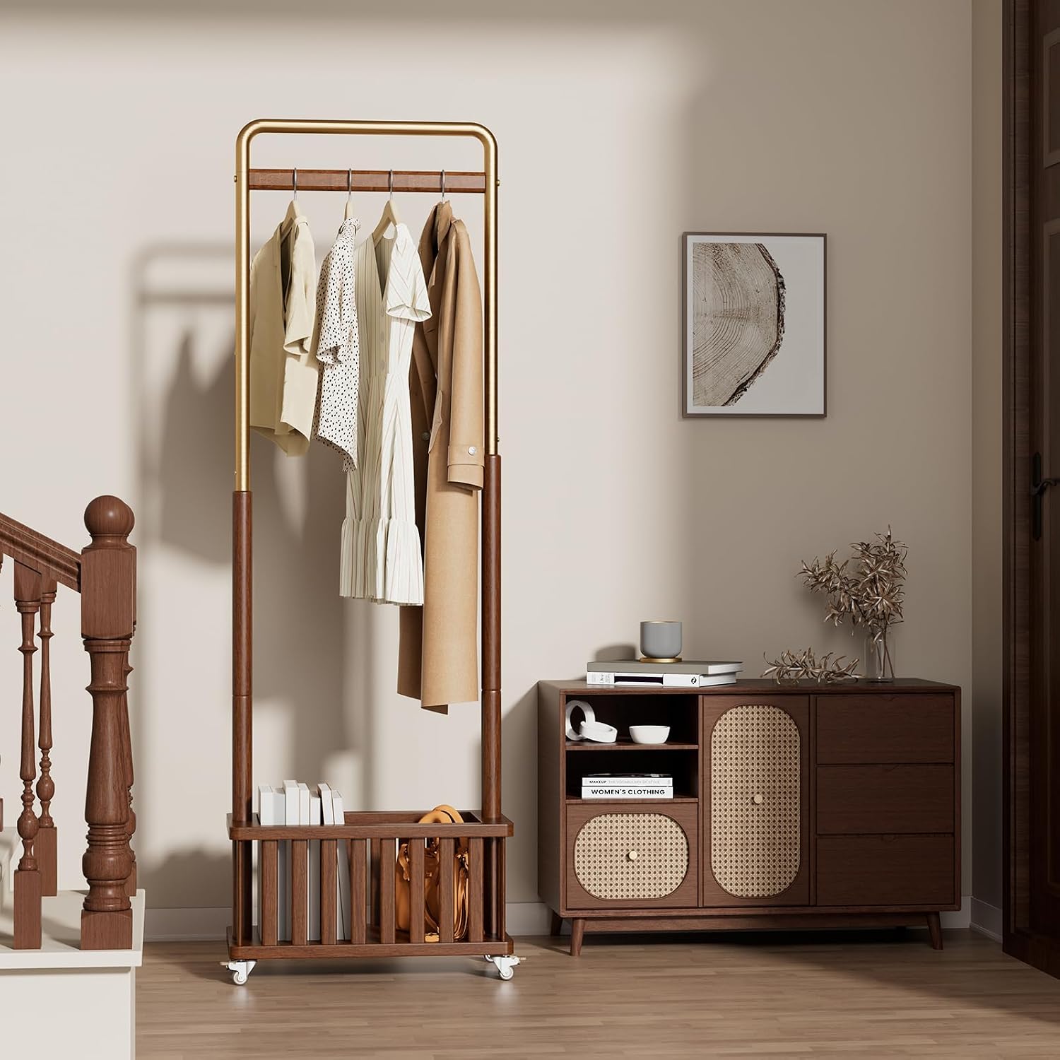 Taitiy Clothes Rack Solid Wood Coat Rack, Metal and Solid Wood Combination Clothing Rack with Wheels for Entryway, Bedroom, Living Room, Coat Racks Freestanding for Hanging Clothes Garment Scarf