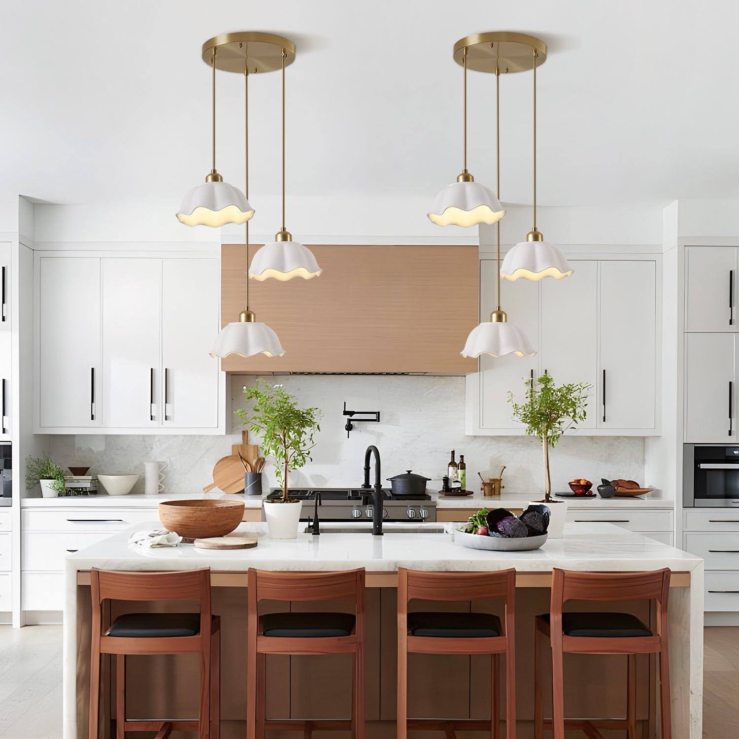 3 Light Pendant Light Minimalist Style Ceiling Hanging Lamp Retro White Wave Ceramic Lampshade Brass Finish Ceiling Light for Kitchen Island Bedroom Bedside
