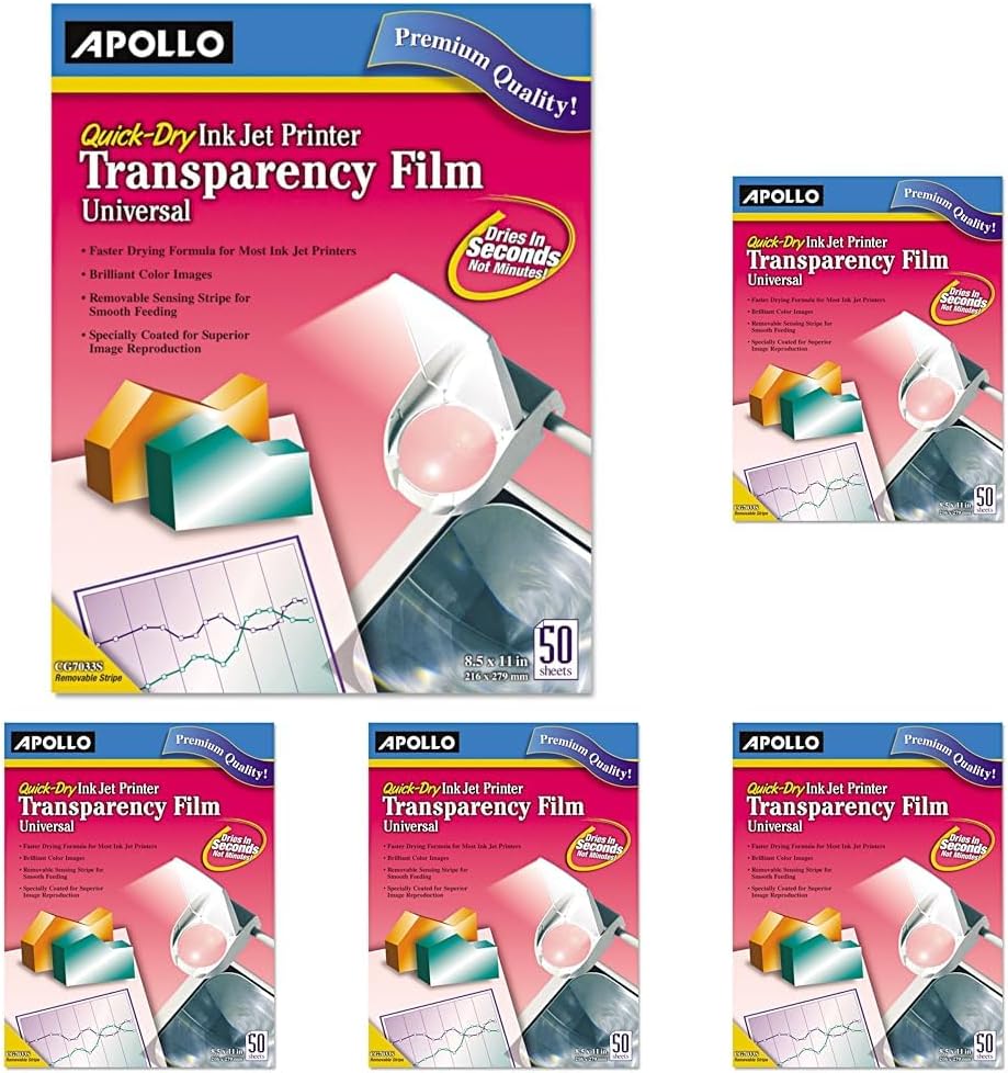 Apollo Transparency Film for Inkjet Printers, Universal, Quick Dry, 50 Sheets/Pack (VCG7033S) (Pack of 5)