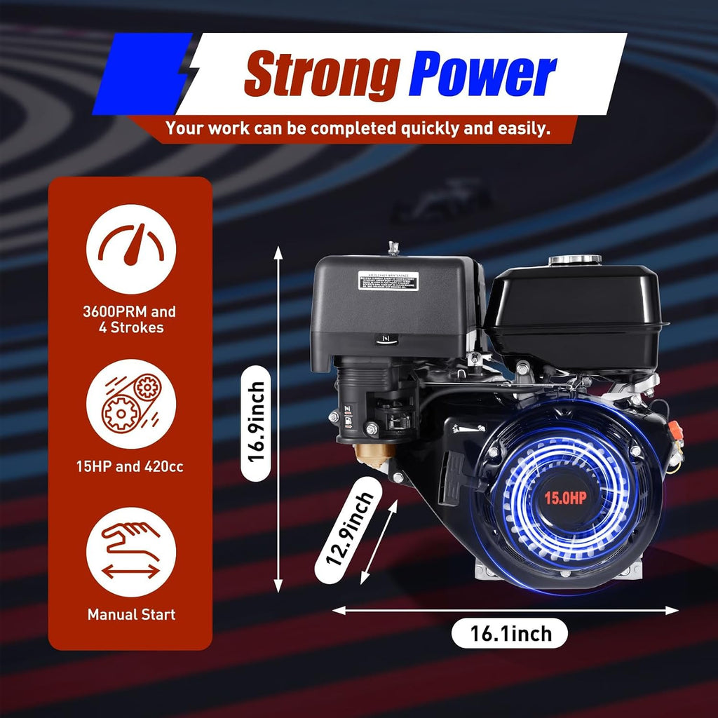 4 Stroke Gas Engine,15 HP 420CC Single Cylinder Gasoline Motor,3600RPM Recoil Start Engine Gasoline Power,Garden Tiller Cultivator Motor for Pumping Machines,Cleaning Machines (Black 4 Stroke 15HP)