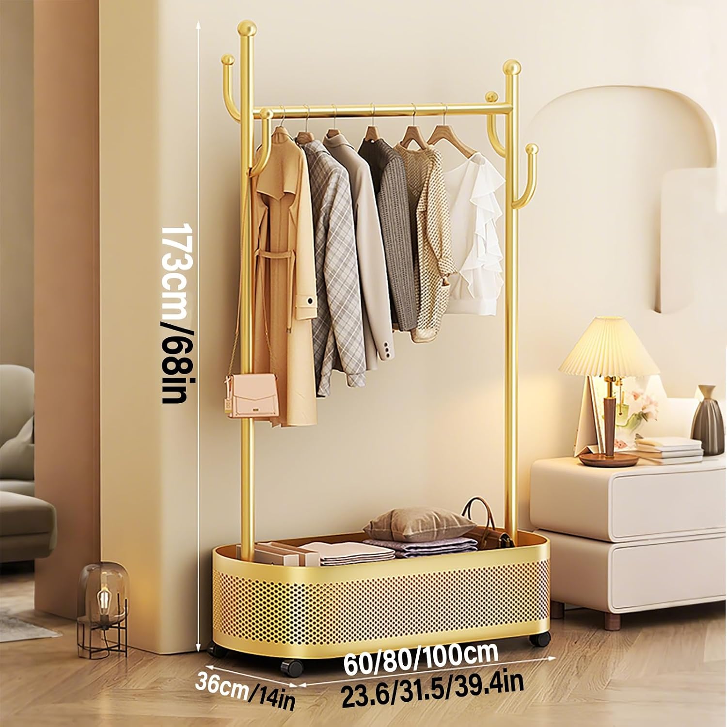 Clothes Rack with Storage Shelves and Coat/Hat Hooks,Heavy-Duty Metal Garment Rack,Hanging Clothes,Freestanding Clothing Racks(Gold,80cm/31.5in)