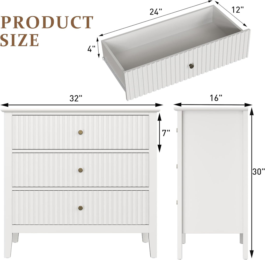 RoyalCraft 32' Large Nightstand Set of 2, Fluted Painted Bedside Table with 3 Spacious Drawers, Modern Tall End Table for Bedroom, White