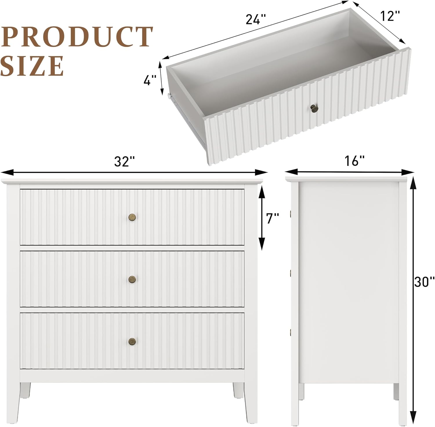 RoyalCraft 32' Large Nightstand Set of 2, Fluted Painted Bedside Table with 3 Spacious Drawers, Modern Tall End Table for Bedroom, White