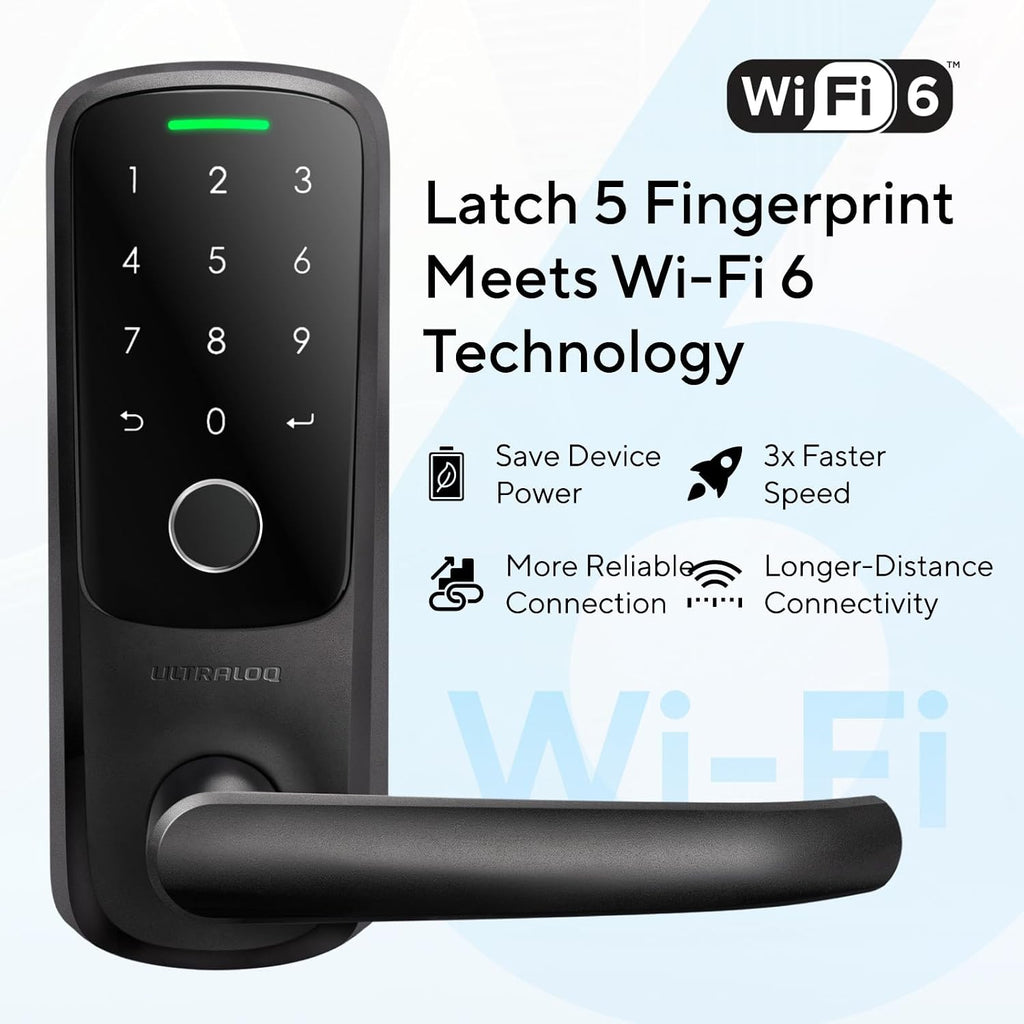 ULTRALOQ Latch 5 Smart Lock, World's First WiFi Smart Lever Lock, Auto-Lock, Touchscreen Digital Keypad, Fingerprint Door Handle for Home Front Door, Rental, Office, App Remote Control, Black