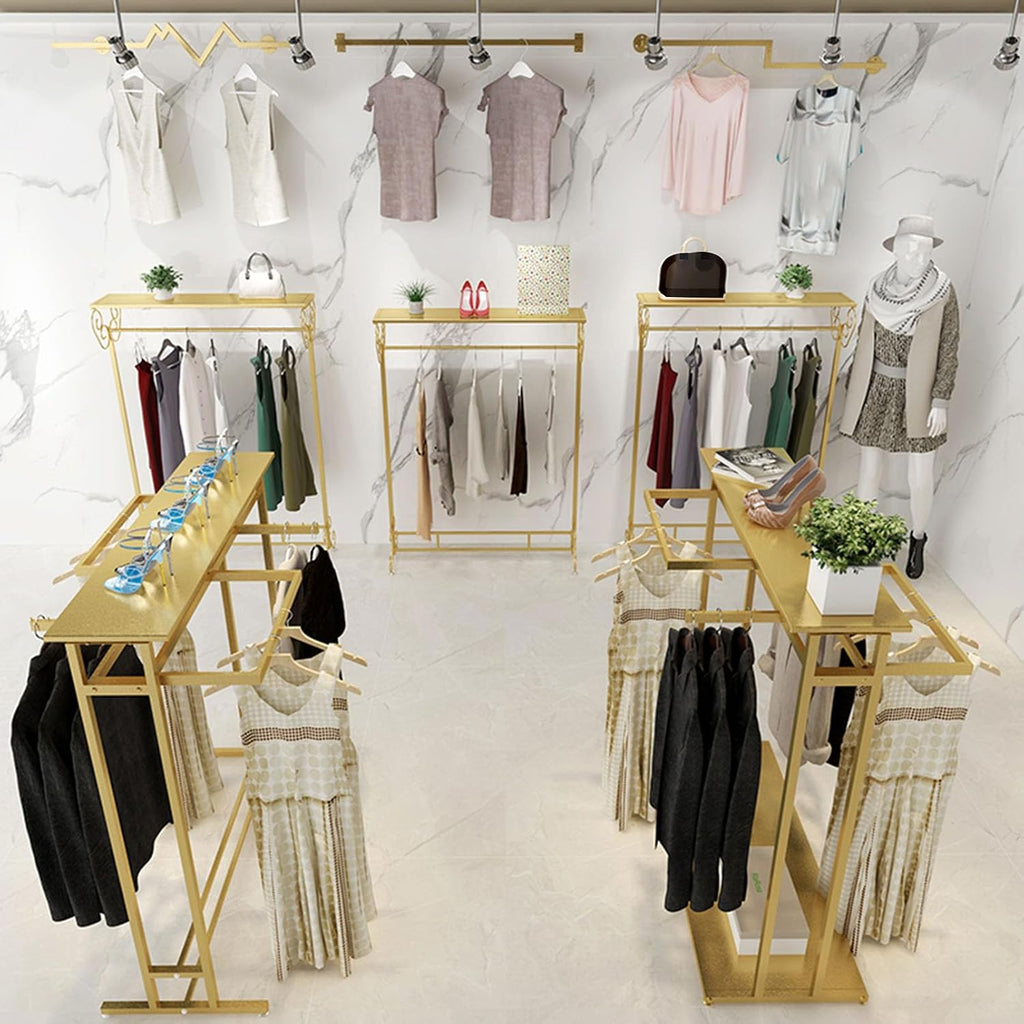Freestanding Garment Rack With Shelves, Metal Clothing Rack Boutique Display Rack Closet Organizer, Commercial Grade Clothes Display Rack, Heavy Duty Shoes Bags Clothes O(D-150X50X130Cm)