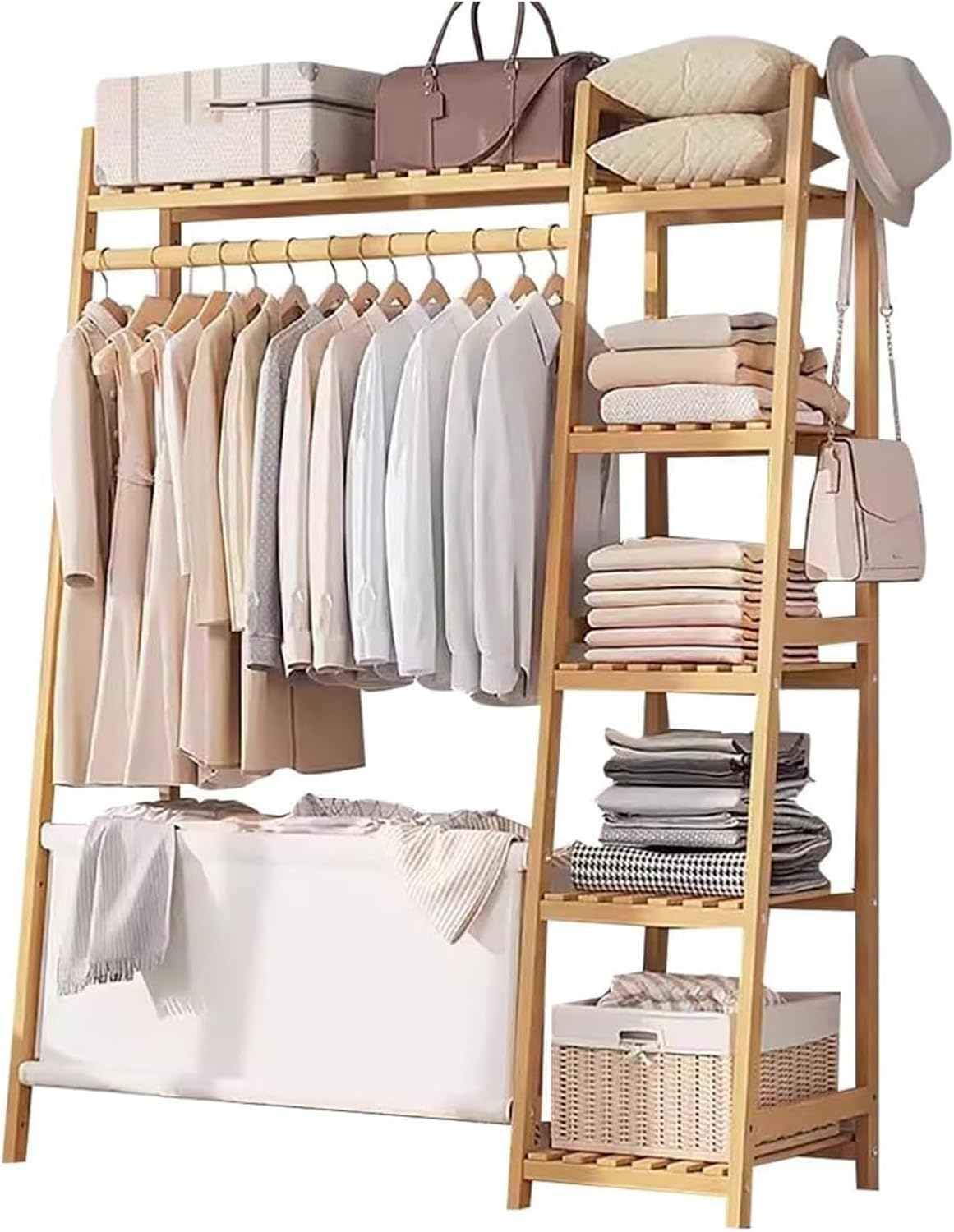 Bamboo Clothes Rack - Freestanding Garment Rack with Shelves and Shoe Storage, Clothing Rack for Hanging Clothes, Hats,for Bedroom, Closet, Office, or Dorm Organization(A,110CM)
