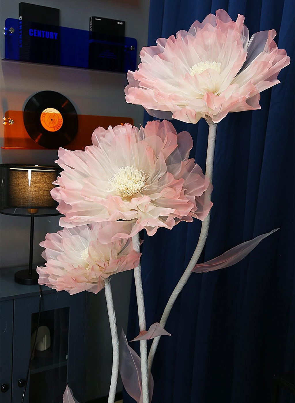 Giant Artificial Organza Flower On Base – Large Pink Faux Flower with Standing Stems and Base for Wedding, Valentine's Day, Party, Shop Window Display, Outdoor Yard Event Backdrop Decor