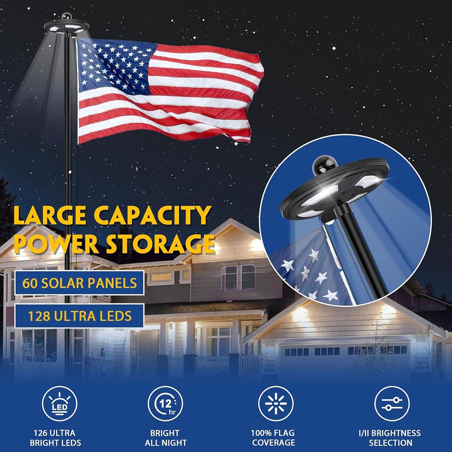 25FT Black Heavy Duty Flag Pole Kit with Solar Light & 3x5 Ft American Flag | Wind resistant 12 gauge aluminum flies no tangle 3x5 US flag, with 128 LED solar light for 10H continuous shining