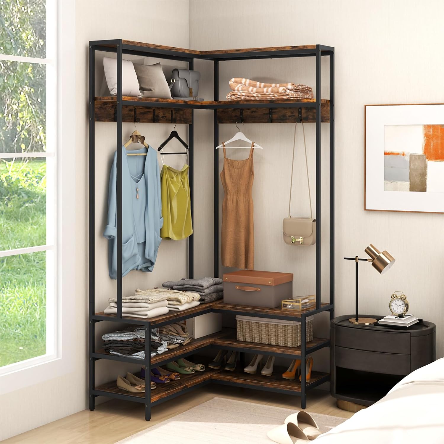 Multigot L-shaped Clothes Rack, Freestanding Corner Garment Rack Hall Tree with Shoe Storage Bench, Shelves and 7 Hooks, Metal Frame Coat Rack Stand Closet Storage Organizer (Rustic Brown+Black)