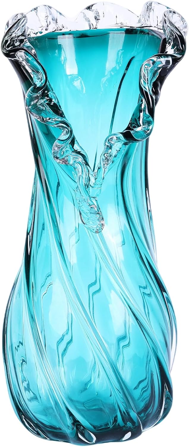 Vases Home Decor - 16In Crystal Vase, Glass Blue Vase, Flower Holders for Bouquet, Centerpieces & Single Stems, Tall for Roses, Dried Flowers, Pampas Grass, Fits Living Room Bedroom Office (L)