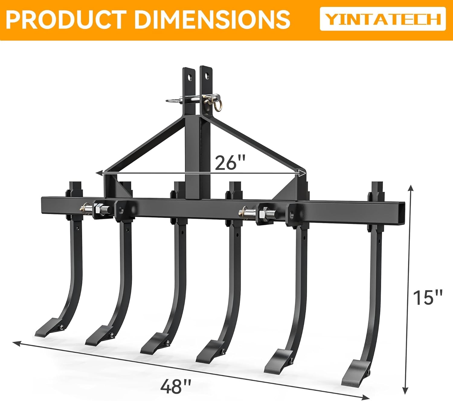 YINTATECH Heavy-Duty 3 Point Chisel Plow Scarifier, 48 Inch Plow Scarifier Implement, Detachable Cultivator with 6 Scarifier Shank, 3 Point Scarifier for Tractor CAT-1, Black