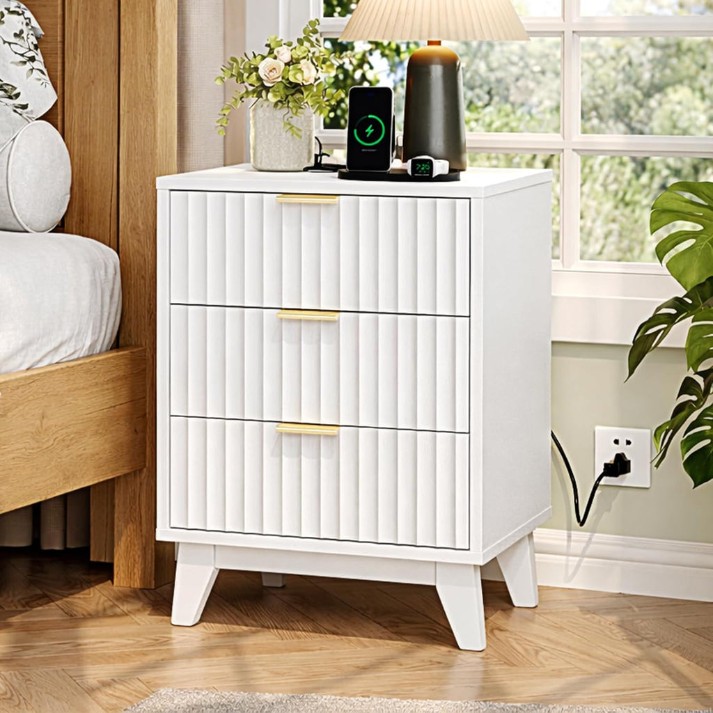 VINGLI White Nightstands Set of 2 with Charging Station, Fluted White Night Stand Bedside Table with Drawers for Bedroom, Fluted Bedside Table/End Table/Side Table, 17.72' W*13.78' D*23.62' H, 2 pcs