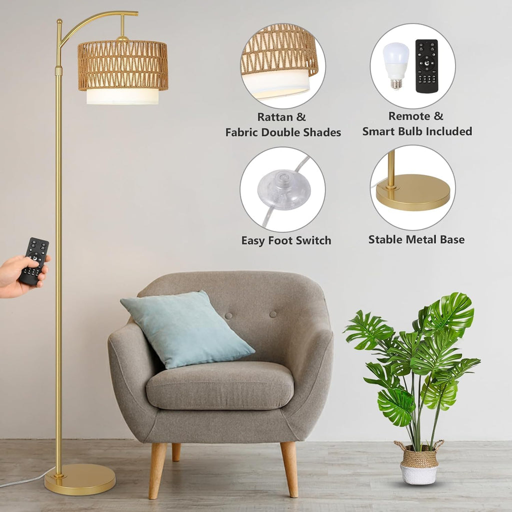 Gold Floor Lamps for Living Room with Remote Dimmable LED Bulb, Arc Floor Lamp with 3 Color Temperatures, Boho Standing Lamp with Rattan Fabric Shades, Adjustable Tall Lamp for Bedroom