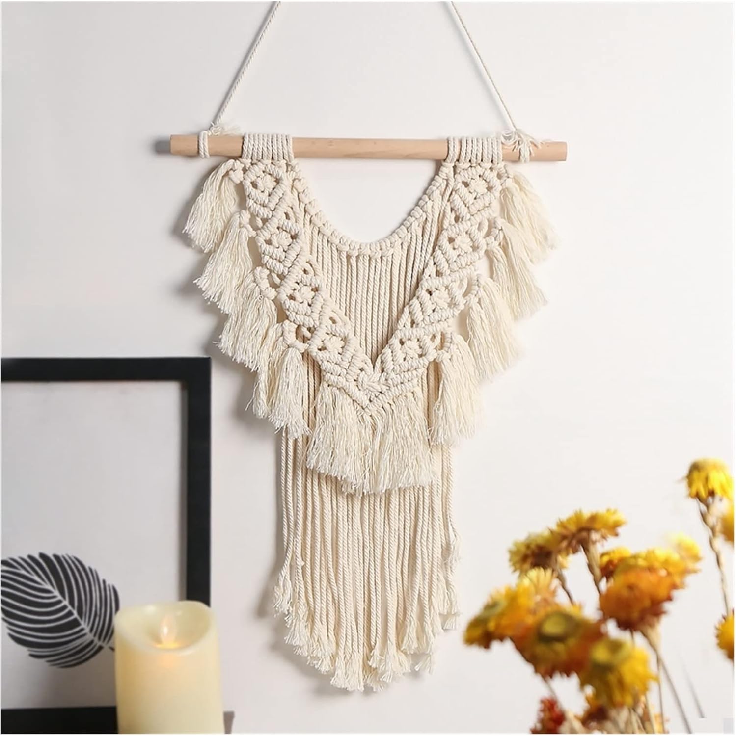 Tapestry Macrame Wall Hanging Tapestry Hand-Woven Chic Bohemian Geometric Wall Decor for Wedding Party Home (OneColor)