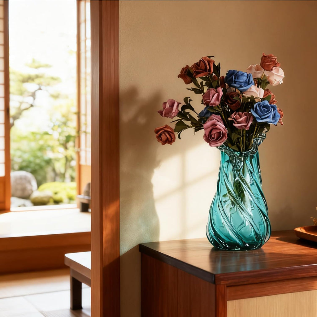 Vases Home Decor - 13In Crystal Vase, Glass Blue Vase, Flower Holders for Bouquet, Centerpieces & Single Stems, Tall for Roses, Dried Flowers, Pampas Grass, Fits Living Room Bedroom Office (S)