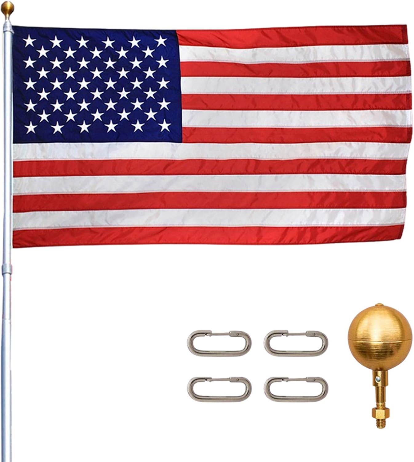 Titan Telescoping Flag Poles, 15ft Silver - Made in The USA Heavy Duty Flag Pole Kit with Anodized Aluminum Telescoping Flag Pole, 3 x 5 American Flag, Hardware for 2 Flags, Assembly Instructions