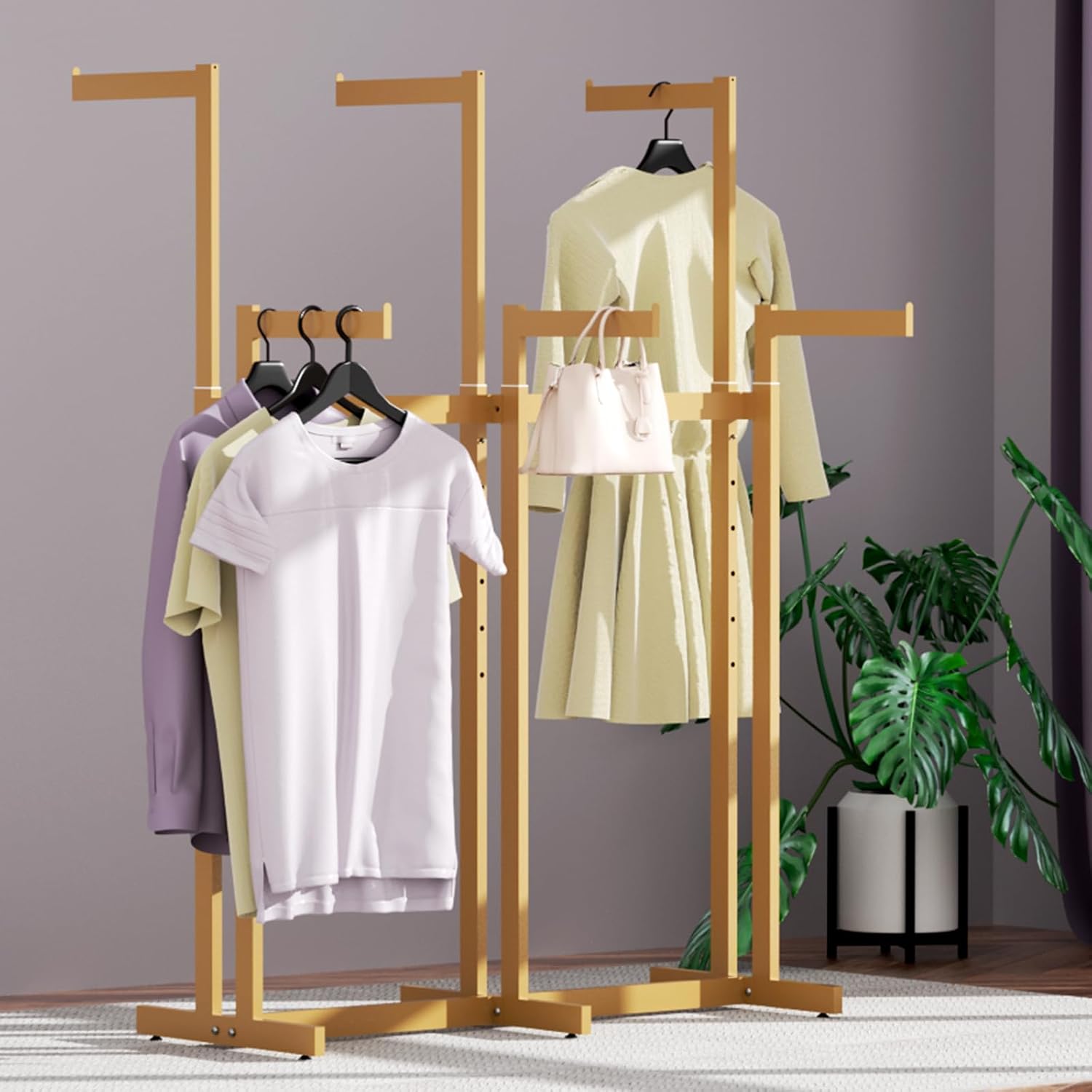 Clothing Racks - Metal Garment Racks for Retail Display Hanging Clothes, Heavy Duty Gold Commercial Clothing Display Rack with Wheels, FreeStanding Sturdy Clothes Organization (6 Arm,Gold)