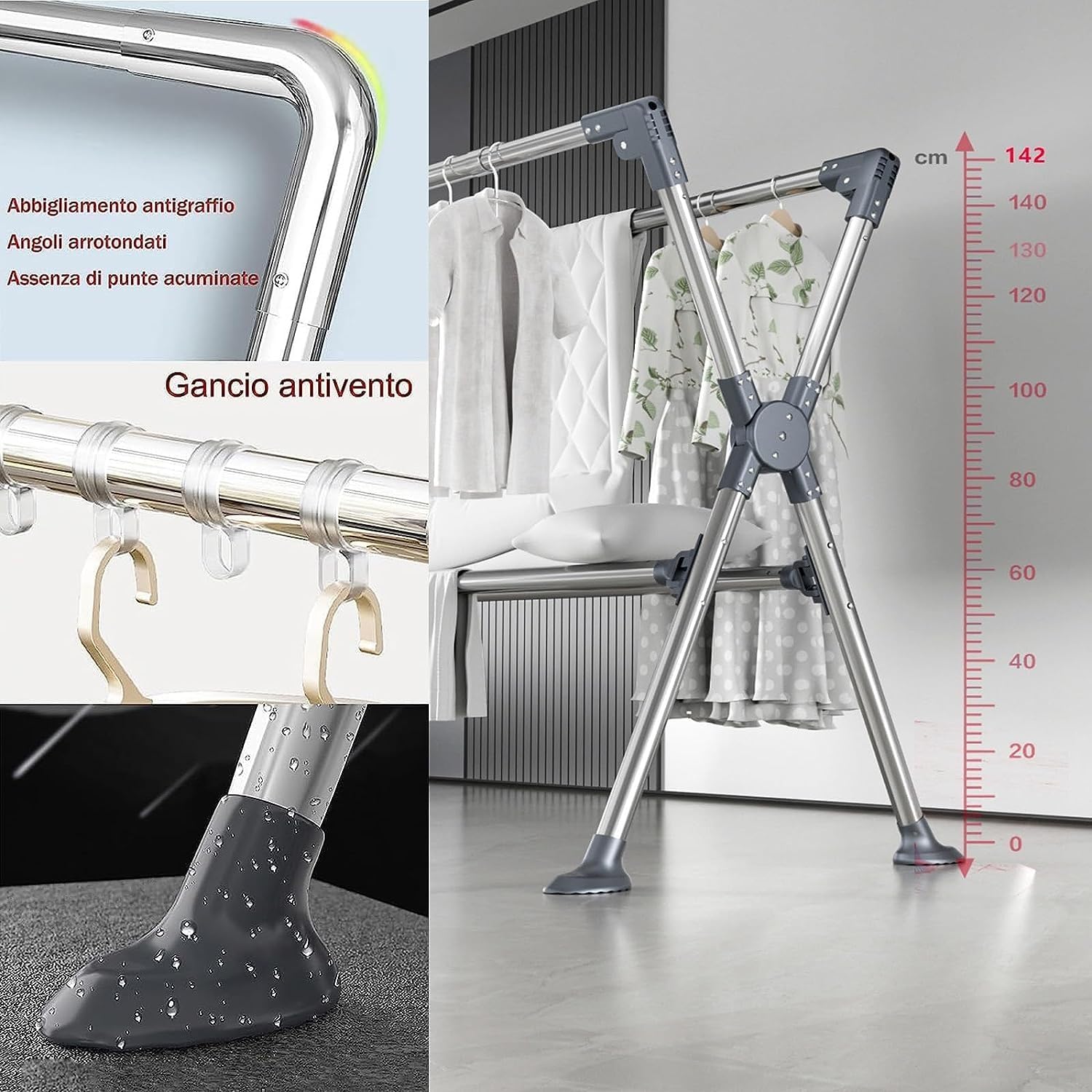 Clothes Drying Rack Freestanding Laundry Rack Folding Clothes Drying Rail Stainless Steel Garment Racks Floor