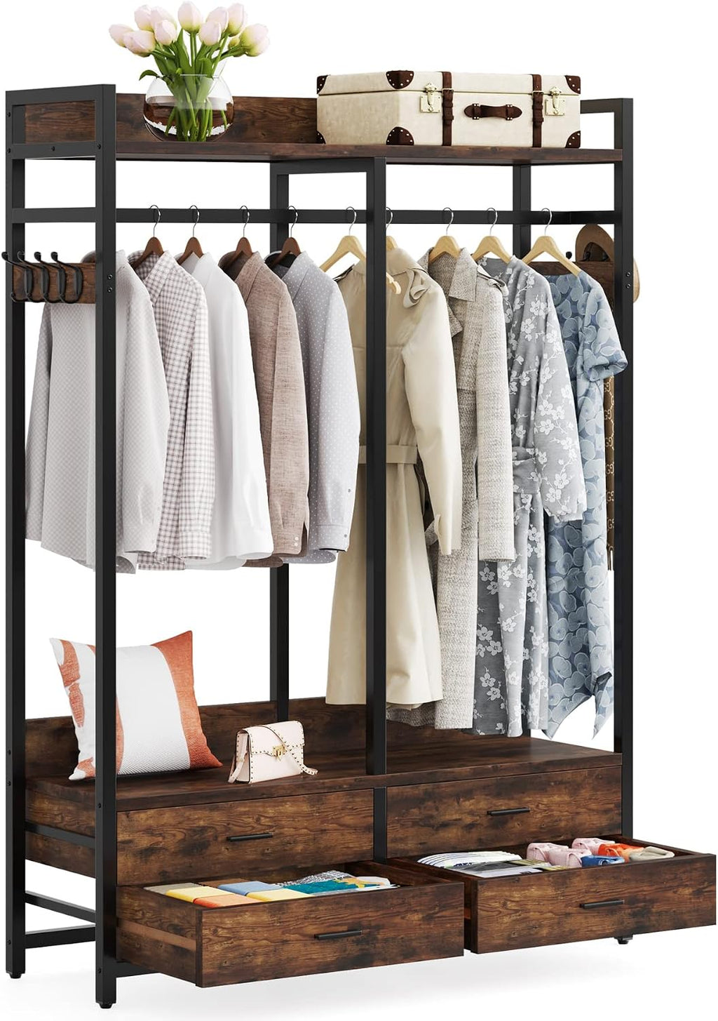 Tribesigns Freestanding Closet Organizer for Hanging Clothes, Heavy Duty Garment Rack with 4 Drawers, 8 Hooks and Storage Shelves, Wardrobe Closet Clothing Rack for Bedroom, Living Room, Rustic Brown