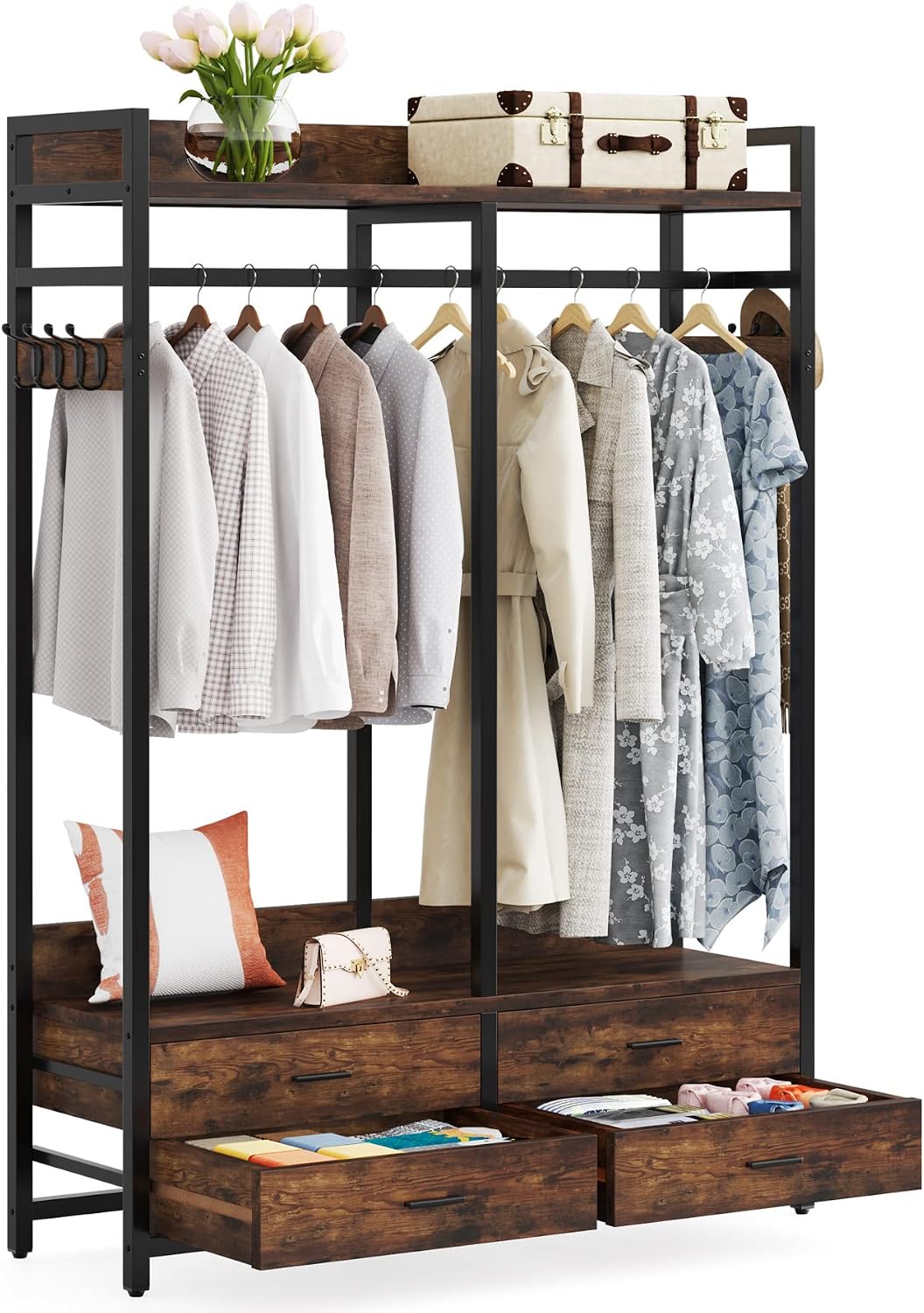Tribesigns Freestanding Closet Organizer for Hanging Clothes, Heavy Duty Garment Rack with 4 Drawers, 8 Hooks and Storage Shelves, Wardrobe Closet Clothing Rack for Bedroom, Living Room, Rustic Brown