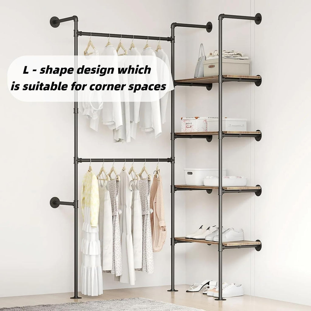 Industrial Pipe Clothing Rack, Hanging Rods Clothes Rack with Shelves, Clothes Rack for Wardrobe, Corner Closet System for Walk in Closets (Black, II-4Tier)