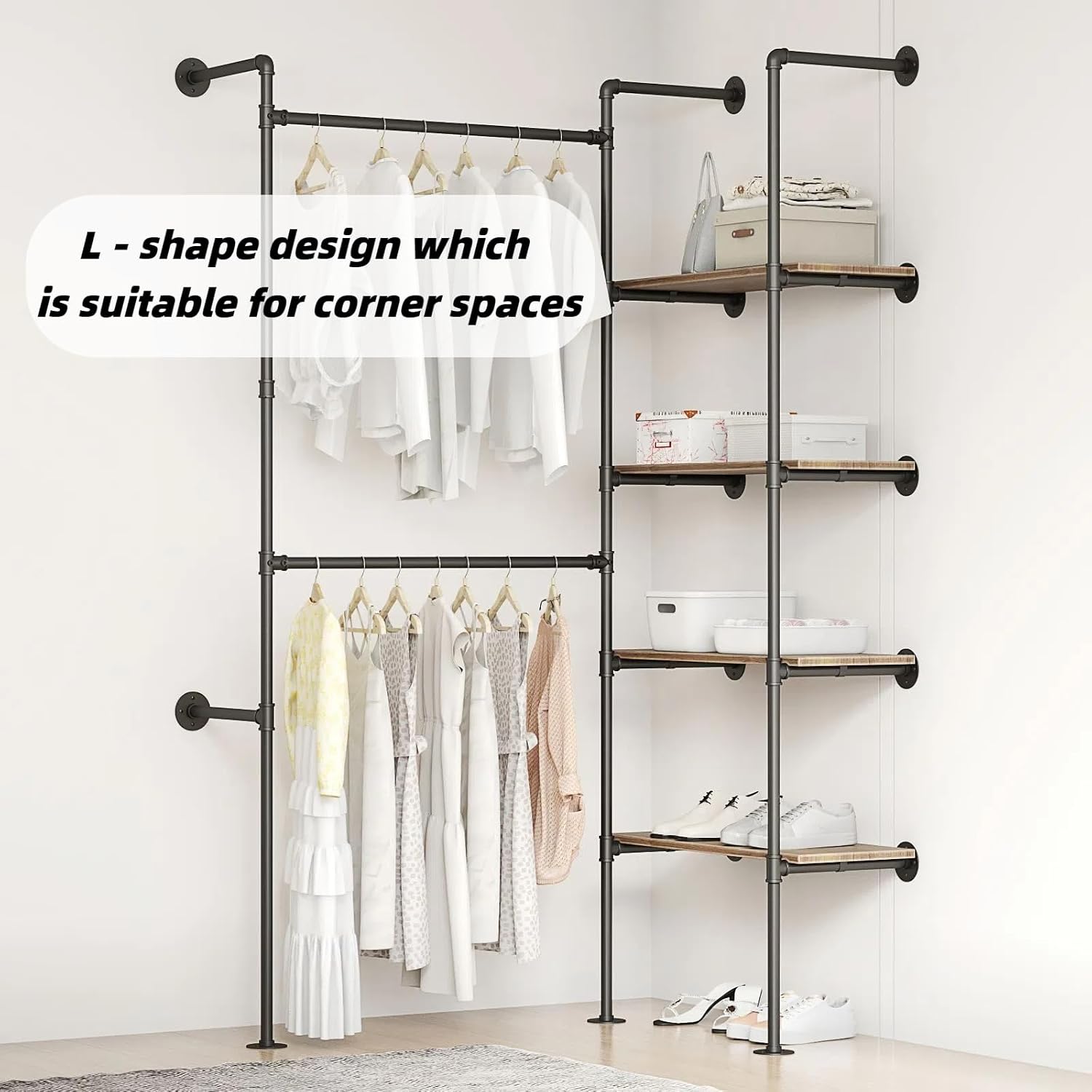 Industrial Pipe Clothing Rack, Hanging Rods Clothes Rack with Shelves, Clothes Rack for Wardrobe, Corner Closet System for Walk in Closets (Black, II-4Tier)
