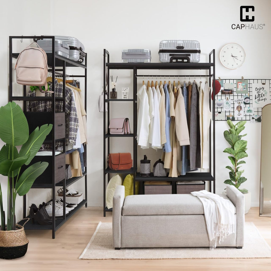 Fencer Wire Heavy Duty 979lbs Freestanding Closet Organizer w/Hanging Rods & Fabric Drawers, Garment Rack, Metal Clothes Rack w/Wood Shelves, Freestanding Closet Wardrobe, Black Vintage Board