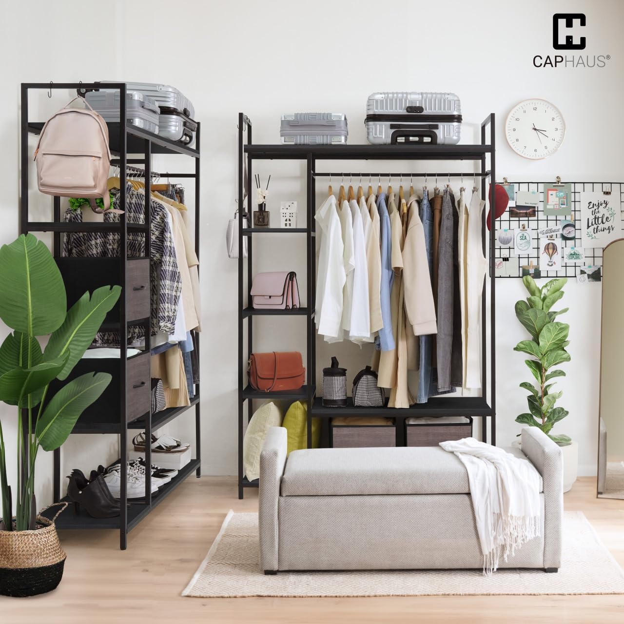 Fencer Wire Heavy Duty 979lbs Freestanding Closet Organizer w/Hanging Rods & Fabric Drawers, Garment Rack, Metal Clothes Rack w/Wood Shelves, Freestanding Closet Wardrobe, Black Vintage Board