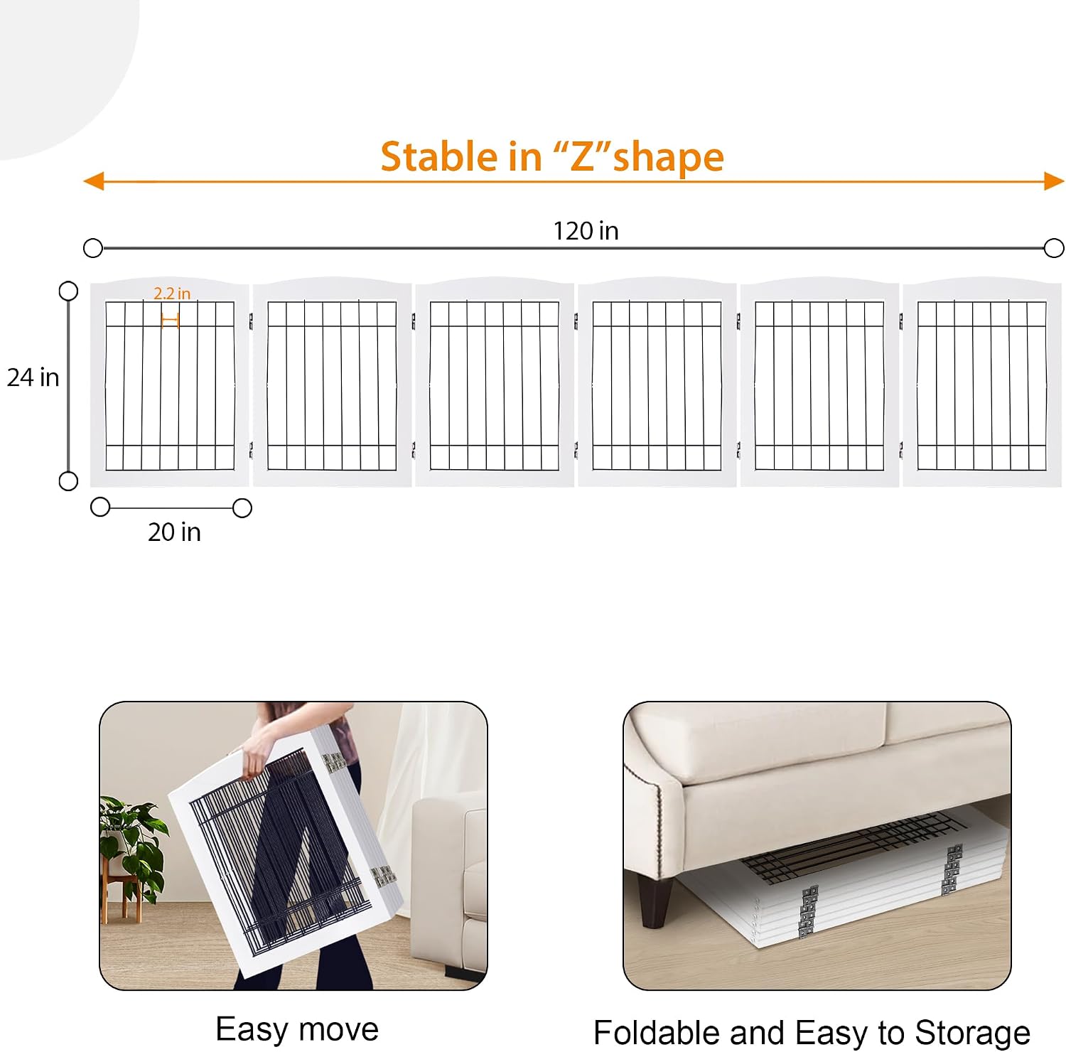 LZRS 6-Panel Extra Wide Wooden Freestanding Dog Gate: Foldable Solid Wood and Steel Wire Chew Resistant Safety Barrier for Doorways, Stairs, and Open Long Spaces Indoor Use, White