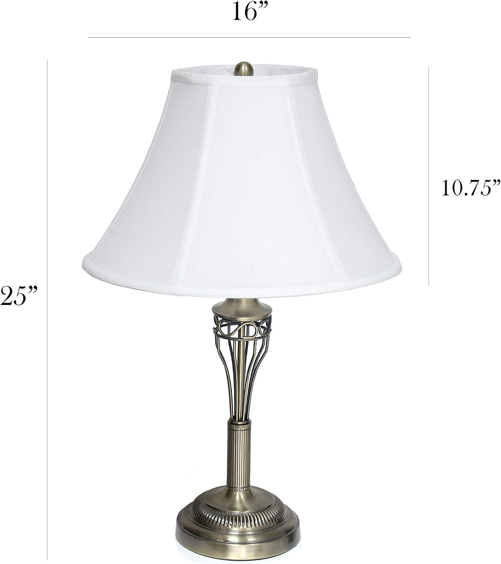 Elegant Designs LC1001-ABS Antique Brass Three Pack Lamp Set (2 Table Lamps, 1 Floor Lamp) with Fabric White Bell Shaped Shades
